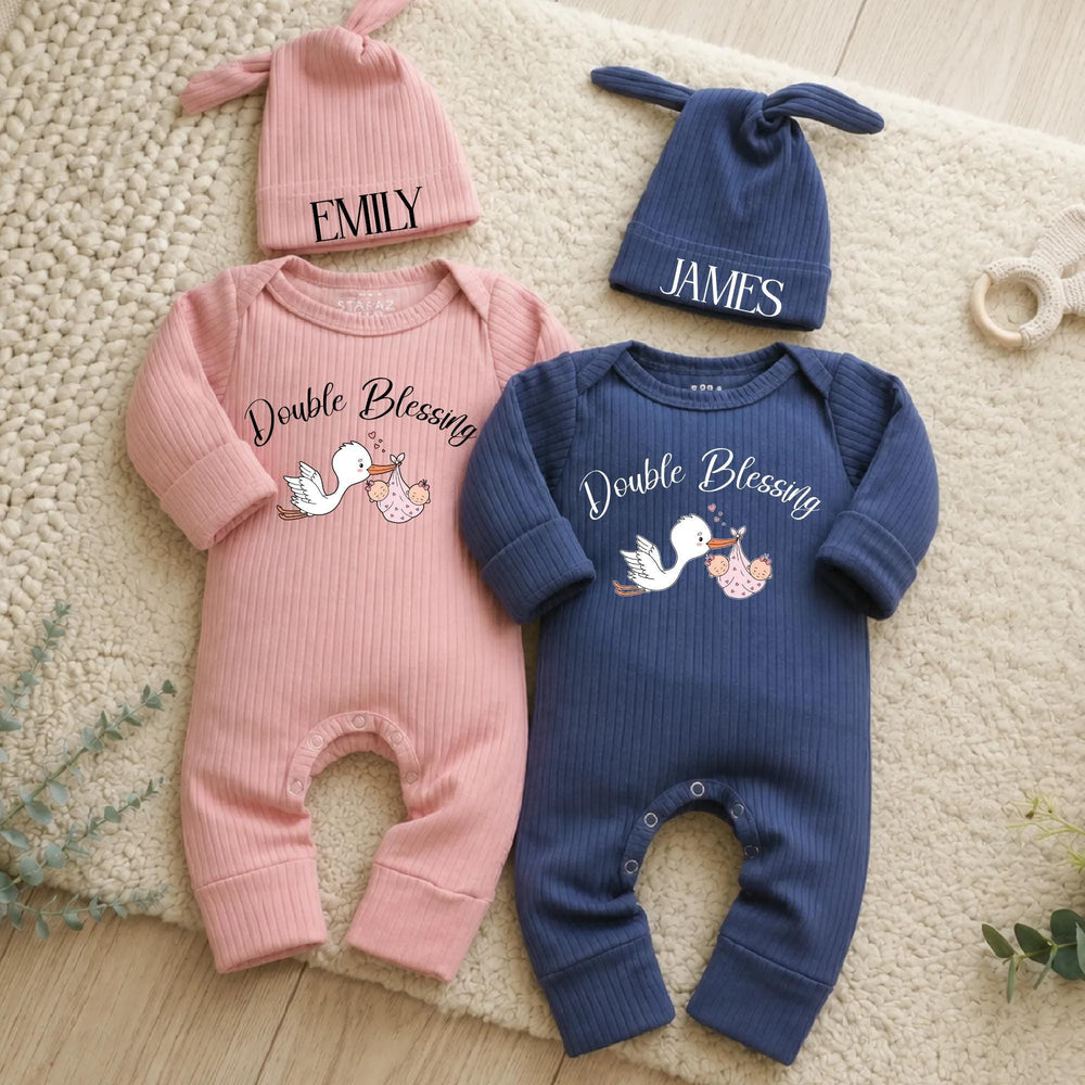 Personalized Twin Baby Bodysuit and Beanie Set with Double Blessing Stork Design, Custom Names for Boy and Girl Twins Coming Home Outfit