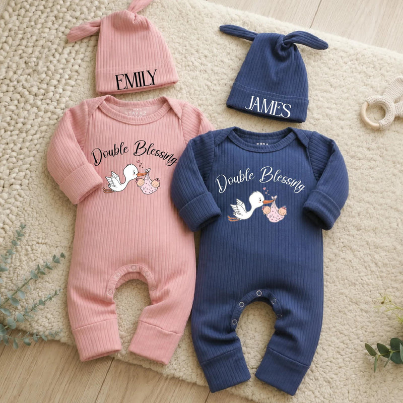 Personalized Twin Baby Bodysuit and Beanie Set with Double Blessing Stork Design, Custom Names for Boy and Girl Twins Coming Home Outfit