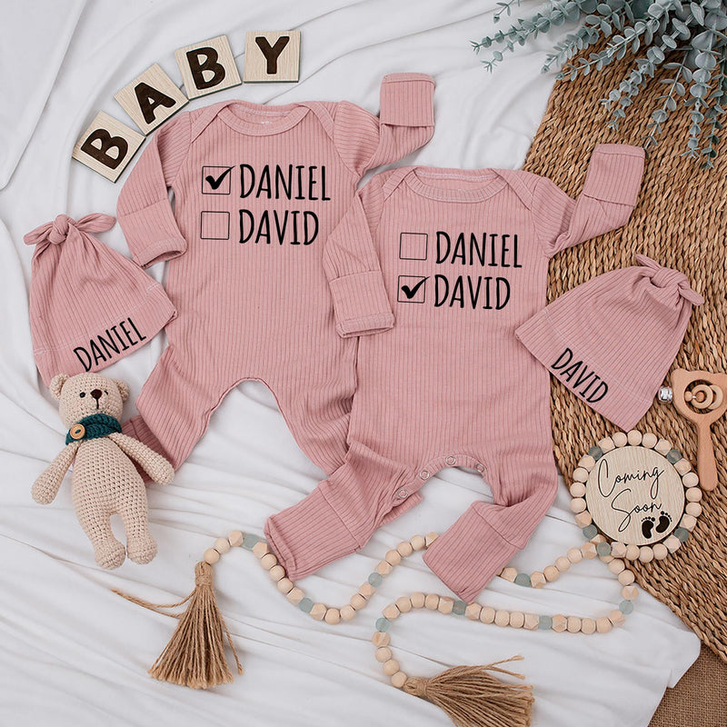 Custom Twin Baby Bodysuit with Matching Hat, Personalized Name Check Design, Soft Cotton Long Sleeve Romper, Newborn Coming Home Outfit