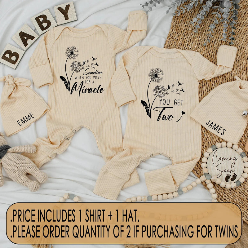 Personalized Twin Baby Bodysuit Floral Dandelion Design Newborn Outfit Soft Cotton Miracle Quote Gift for Twins Celebration