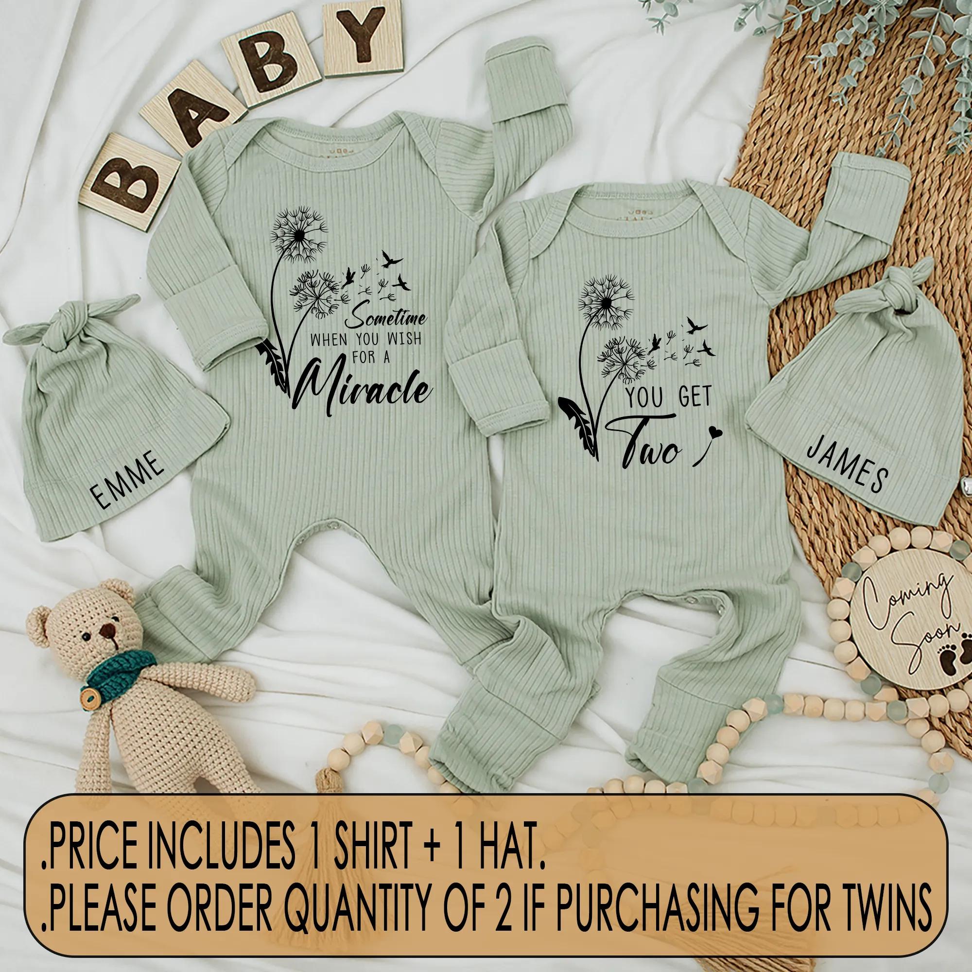 Personalized Twin Baby Bodysuit Floral Dandelion Design Newborn Outfit Soft Cotton Miracle Quote Gift for Twins Celebration