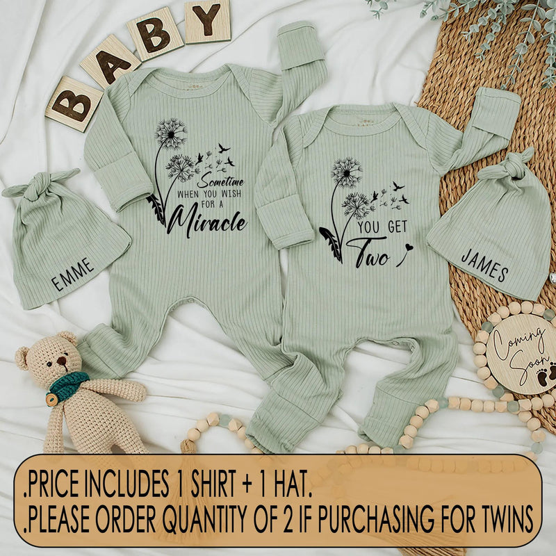 Personalized Twin Baby Bodysuit Floral Dandelion Design Newborn Outfit Soft Cotton Miracle Quote Gift for Twins Celebration