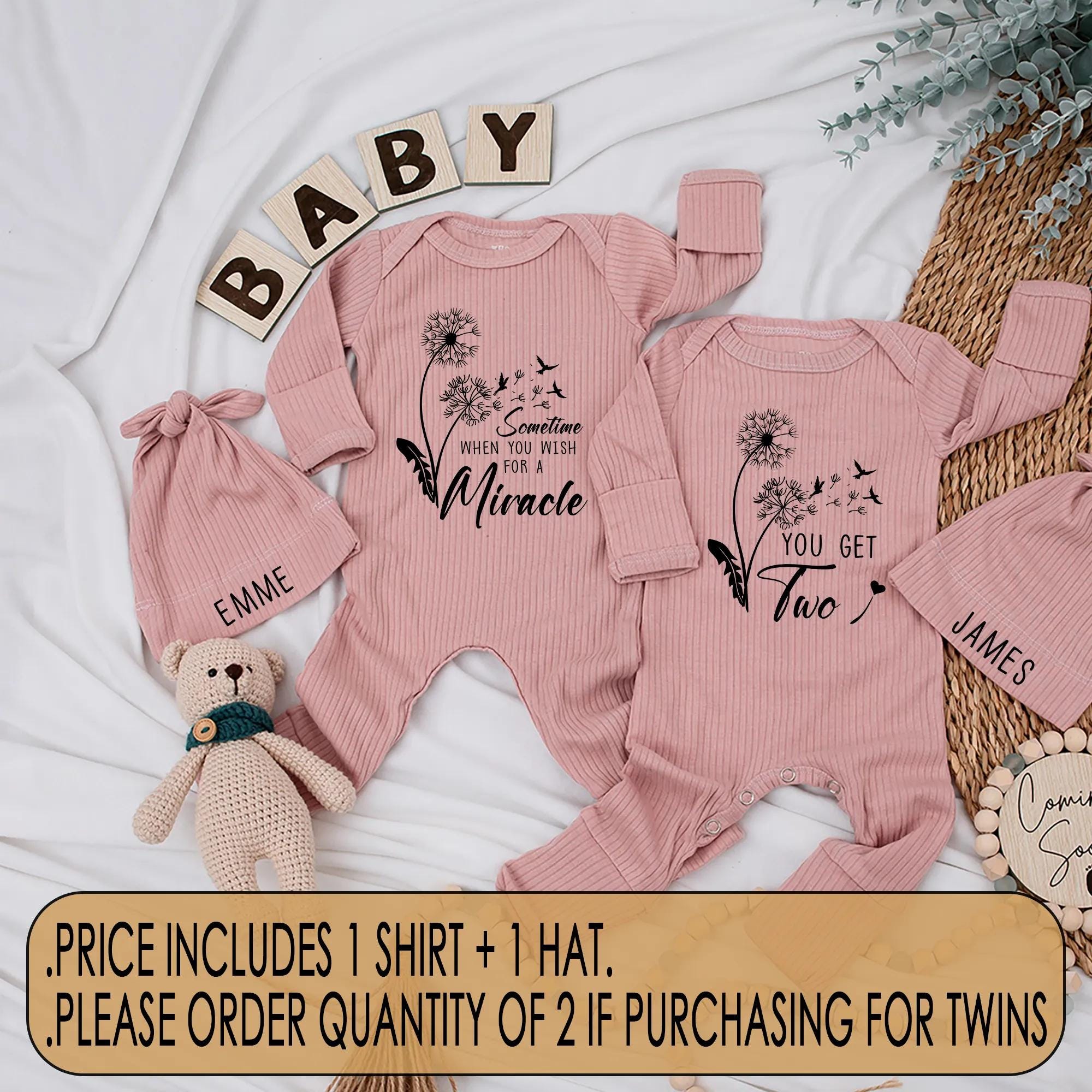 Personalized Twin Baby Bodysuit Floral Dandelion Design Newborn Outfit Soft Cotton Miracle Quote Gift for Twins Celebration