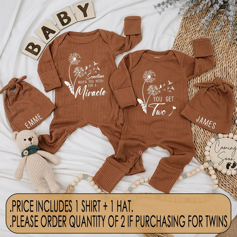 Personalized Twin Baby Bodysuit Floral Dandelion Design Newborn Outfit Soft Cotton Miracle Quote Gift for Twins Celebration