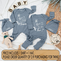 Personalized Twin Baby Bodysuit Floral Dandelion Design Newborn Outfit Soft Cotton Miracle Quote Gift for Twins Celebration