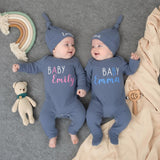 Personalized Twin Baby Bodysuit and Hat Set with Custom Names Modern Minimalist Design Coming Home Outfit Baby Shower Gift