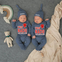 Personalized Twin Baby Bodysuit and Hat Set Funny Red Tornado Design Can't Catch Us Matching Outfits Gift for Twins Custom Names