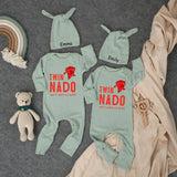 Personalized Twin Baby Bodysuit and Hat Set Funny Red Tornado Design Can't Catch Us Matching Outfits Gift for Twins Custom Names