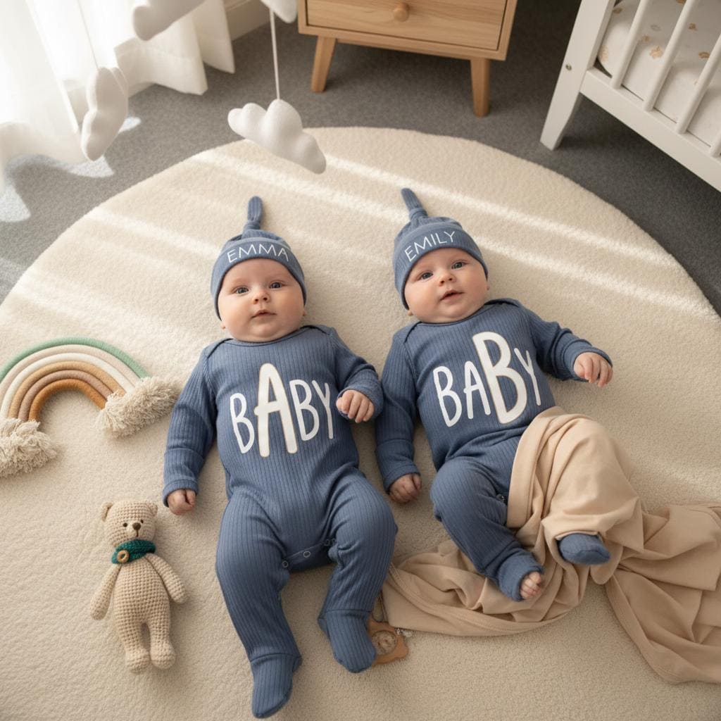 Personalized Twin Baby Bodysuit and Hat Set with Names Minimalist White on Blue Modern Design Baby Shower Gift Coming Home Outfit