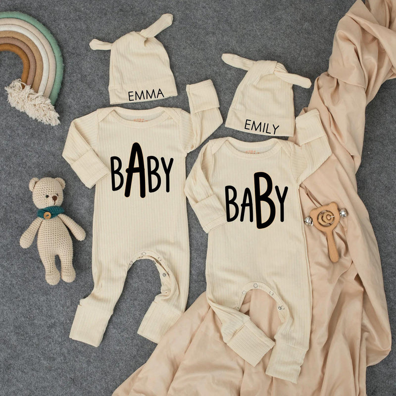 Personalized Twin Baby Bodysuit and Hat Set with Names Minimalist White on Blue Modern Design Baby Shower Gift Coming Home Outfit