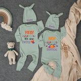Personalized Twin Baby Bodysuit and Hat Set with Names, Yes We Are Twins Outfit, Gender Neutral Cotton Clothes, Twin Shower Gift, Fun Design