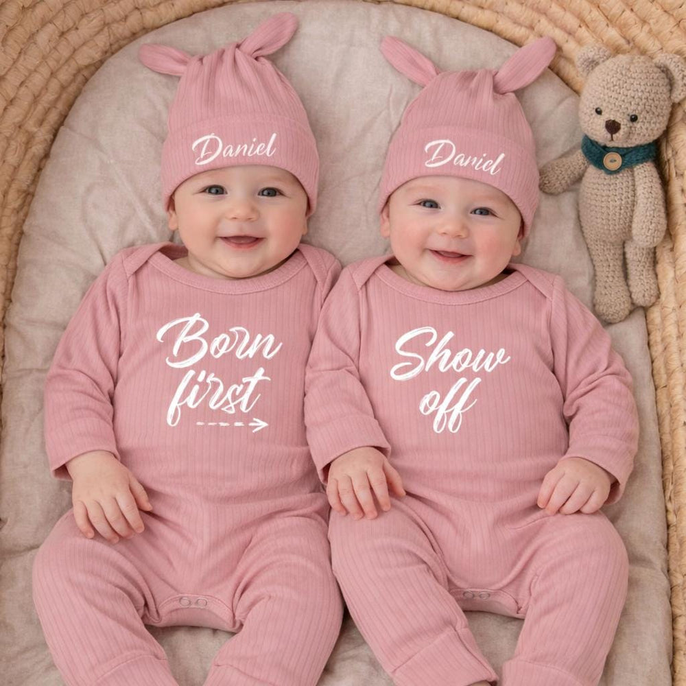 Personalized Twin Baby Bodysuit Set with Matching Hats Minimalist Design Custom Newborn Outfit Gift Soft Cotton Clothes for Boys or Girls