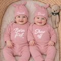 Personalized Twin Baby Bodysuit Set with Matching Hats Minimalist Design Custom Newborn Outfit Gift Soft Cotton Clothes for Boys or Girls