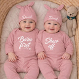 Personalized Twin Baby Bodysuit Set with Matching Hats Minimalist Design Custom Newborn Outfit Gift Soft Cotton Clothes for Boys or Girls