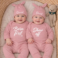 Personalized Twin Baby Bodysuit Set with Matching Hats Minimalist Design Custom Newborn Outfit Gift Soft Cotton Clothes for Boys or Girls