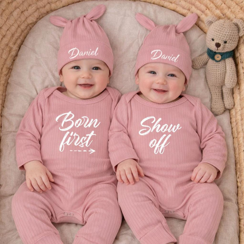 Personalized Twin Baby Bodysuit Set with Matching Hats Minimalist Design Custom Newborn Outfit Gift Soft Cotton Clothes for Boys or Girls