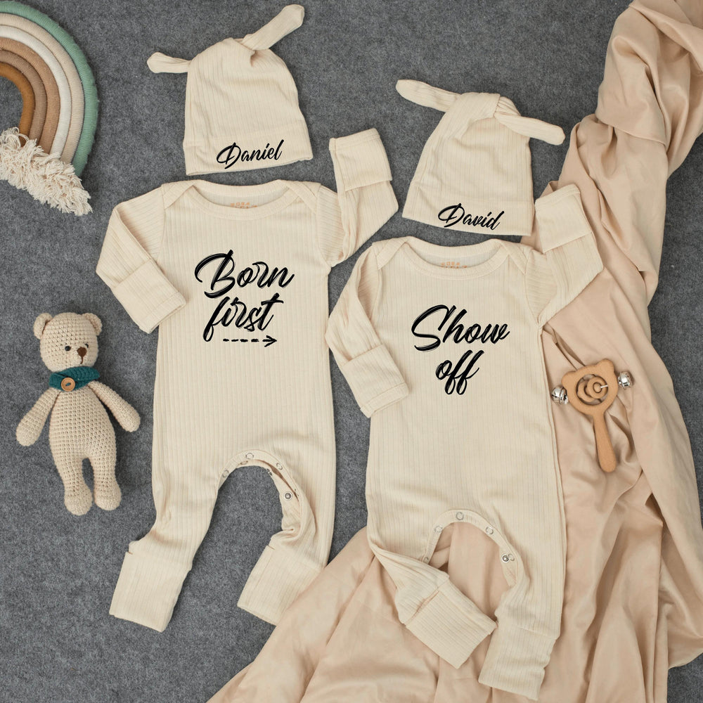 Personalized Twin Baby Bodysuit Set with Matching Hats Minimalist Design Custom Newborn Outfit Gift Soft Cotton Clothes for Boys or Girls
