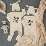 Personalized Twin Baby Bodysuit Set with Matching Hats Minimalist Design Custom Newborn Outfit Gift Soft Cotton Clothes for Boys or Girls