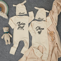 Personalized Twin Baby Bodysuit Set with Matching Hats Minimalist Design Custom Newborn Outfit Gift Soft Cotton Clothes for Boys or Girls