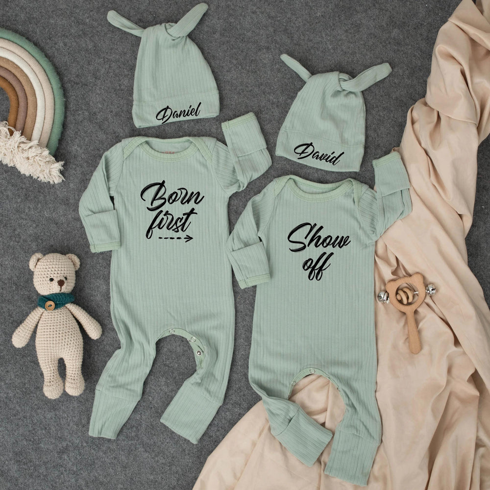 Personalized Twin Baby Bodysuit Set with Matching Hats Minimalist Design Custom Newborn Outfit Gift Soft Cotton Clothes for Boys or Girls