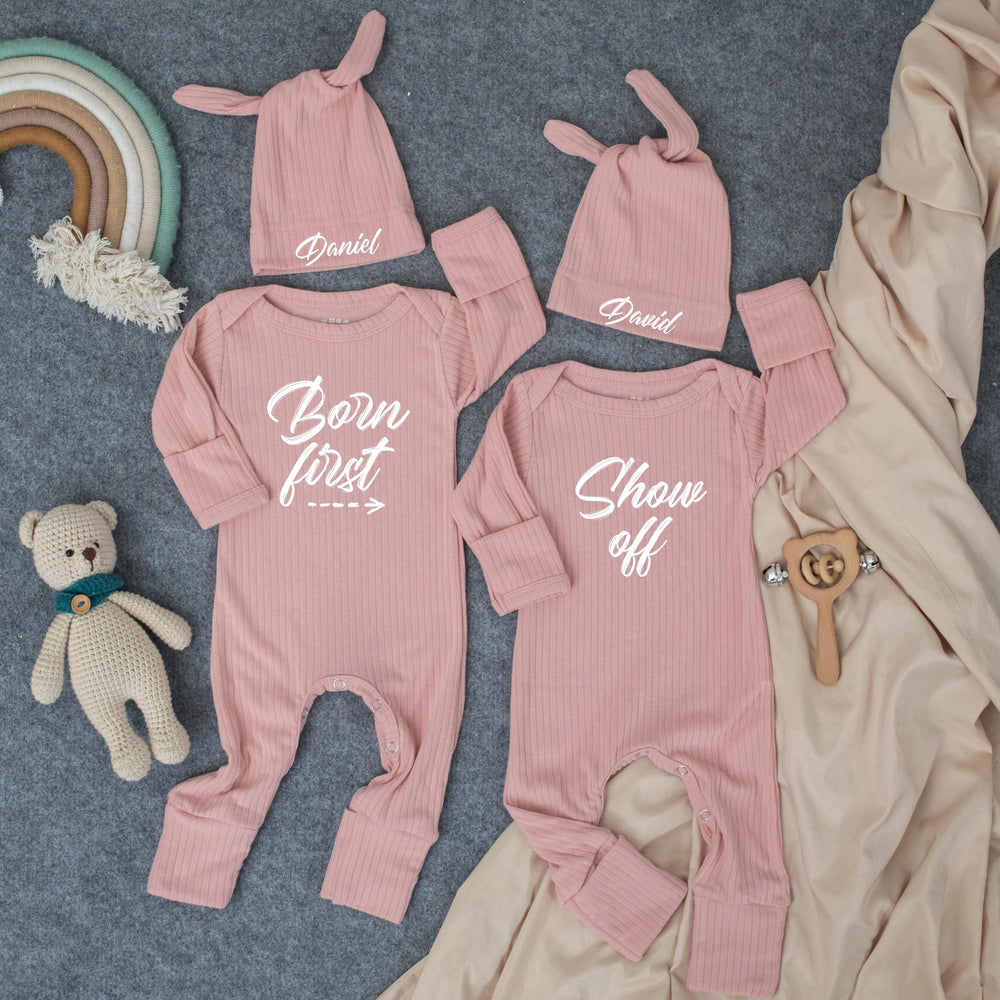 Personalized Twin Baby Bodysuit Set with Matching Hats Minimalist Design Custom Newborn Outfit Gift Soft Cotton Clothes for Boys or Girls