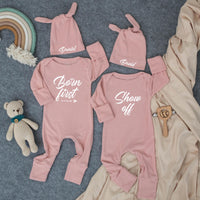 Personalized Twin Baby Bodysuit Set with Matching Hats Minimalist Design Custom Newborn Outfit Gift Soft Cotton Clothes for Boys or Girls