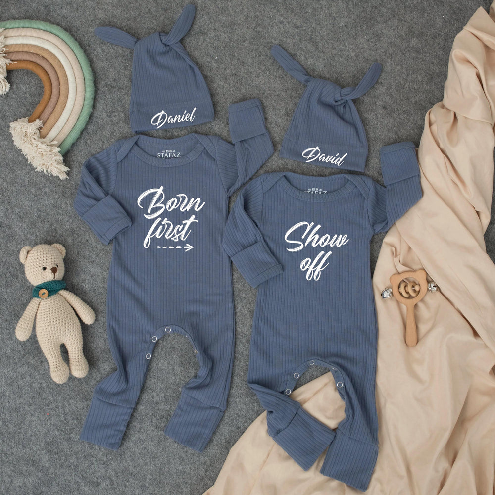 Personalized Twin Baby Bodysuit Set with Matching Hats Minimalist Design Custom Newborn Outfit Gift Soft Cotton Clothes for Boys or Girls