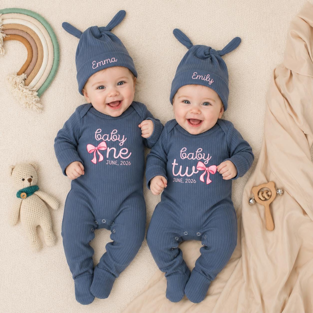 Personalized Twin Baby Coming Home Outfit Set, Custom Baby One Baby Two Bodysuits with Names & Dates, Soft Cotton Newborn Gift for Girls