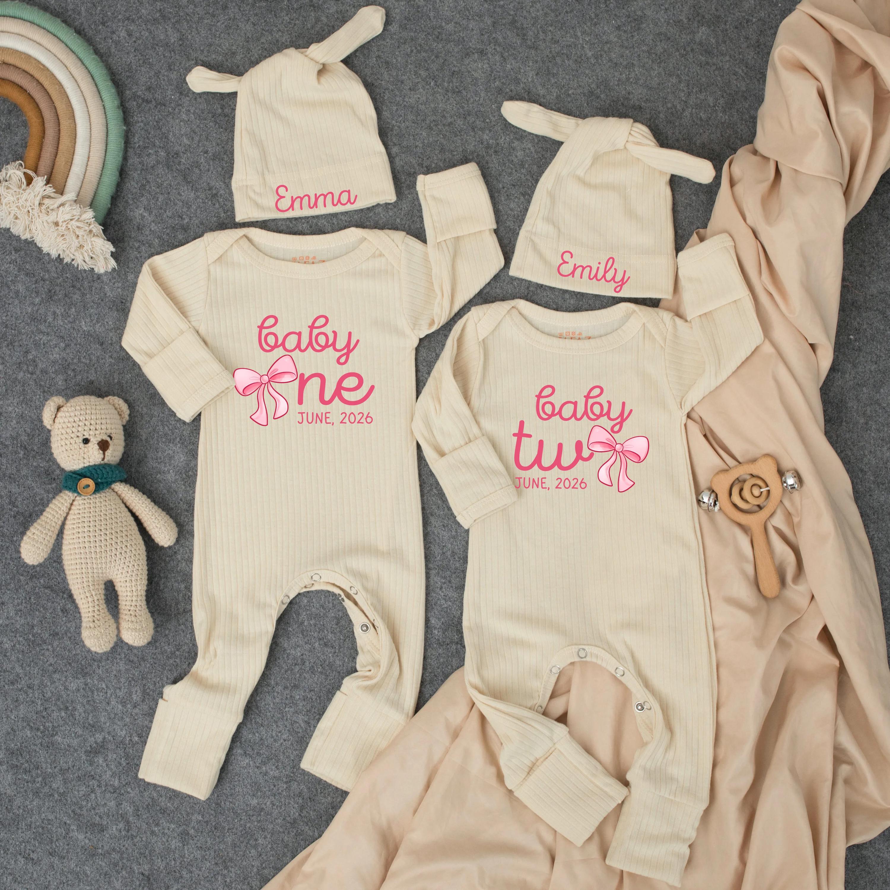 Personalized Twin Baby Coming Home Outfit Set, Custom Baby One Baby Two Bodysuits with Names & Dates, Soft Cotton Newborn Gift for Girls