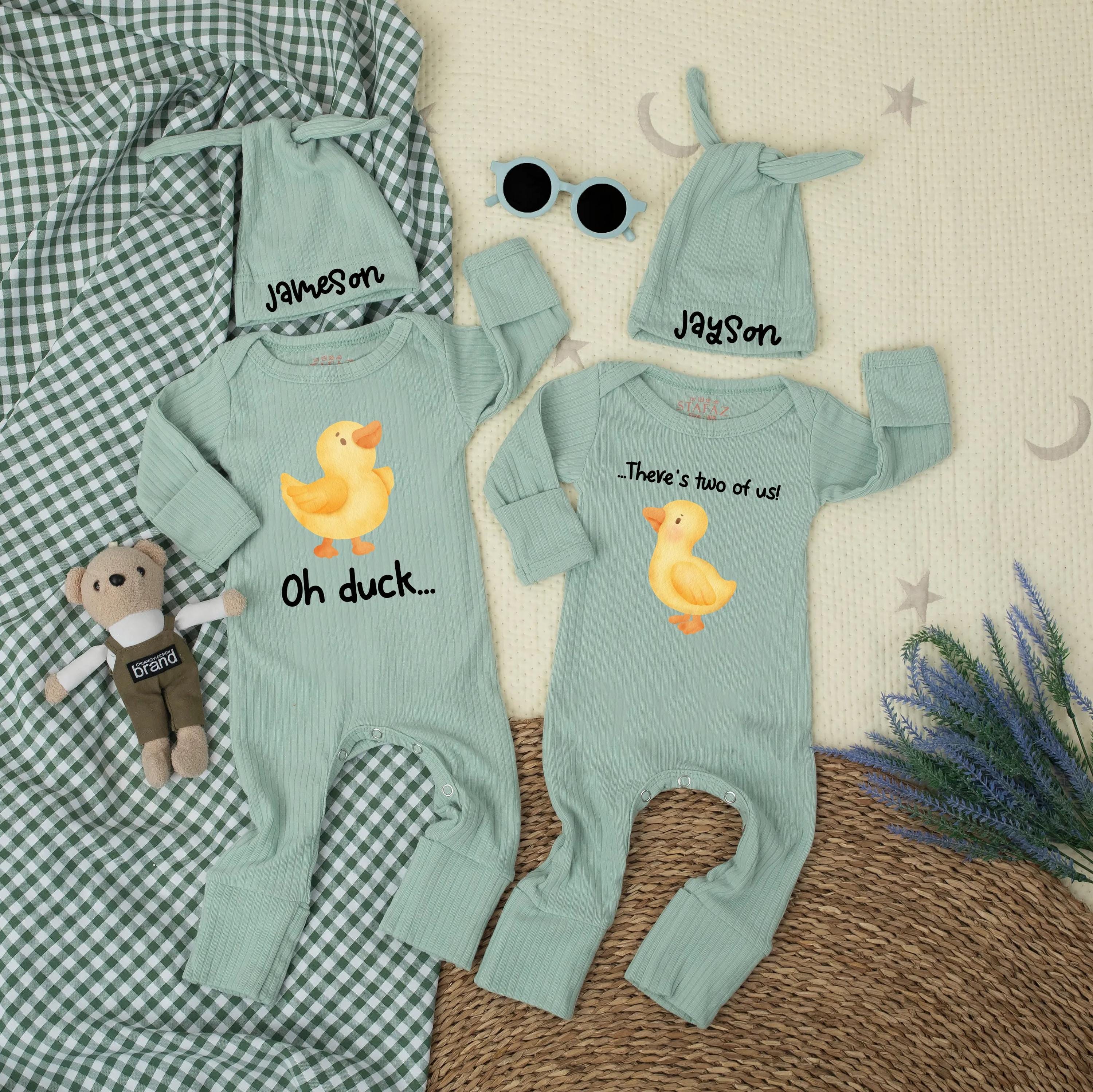 Personalized Twin Baby Matching Bodysuits Oh Duck There’s Two of Us Outfit with Watercolor Duckling Newborn Cotton Gift for Coming Home
