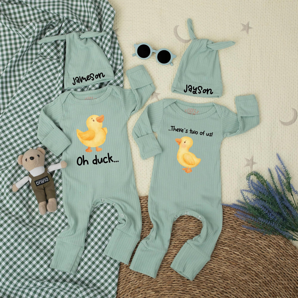 Personalized Twin Baby Matching Bodysuits Oh Duck There’s Two of Us Outfit with Watercolor Duckling Newborn Cotton Gift for Coming Home