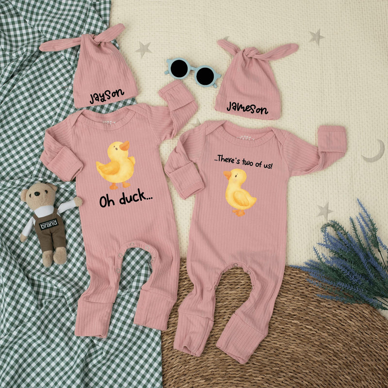 Personalized Twin Baby Matching Bodysuits Oh Duck There’s Two of Us Outfit with Watercolor Duckling Newborn Cotton Gift for Coming Home