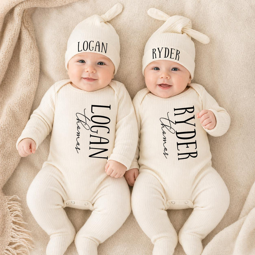 Personalized Twin Baby Romper and Hat Set Custom Name Newborn Coming Home Outfit Soft Ribbed Cotton Gift for Twins Boys or Girls