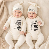 Personalized Twin Baby Romper and Hat Set Custom Name Newborn Coming Home Outfit Soft Ribbed Cotton Gift for Twins Boys or Girls