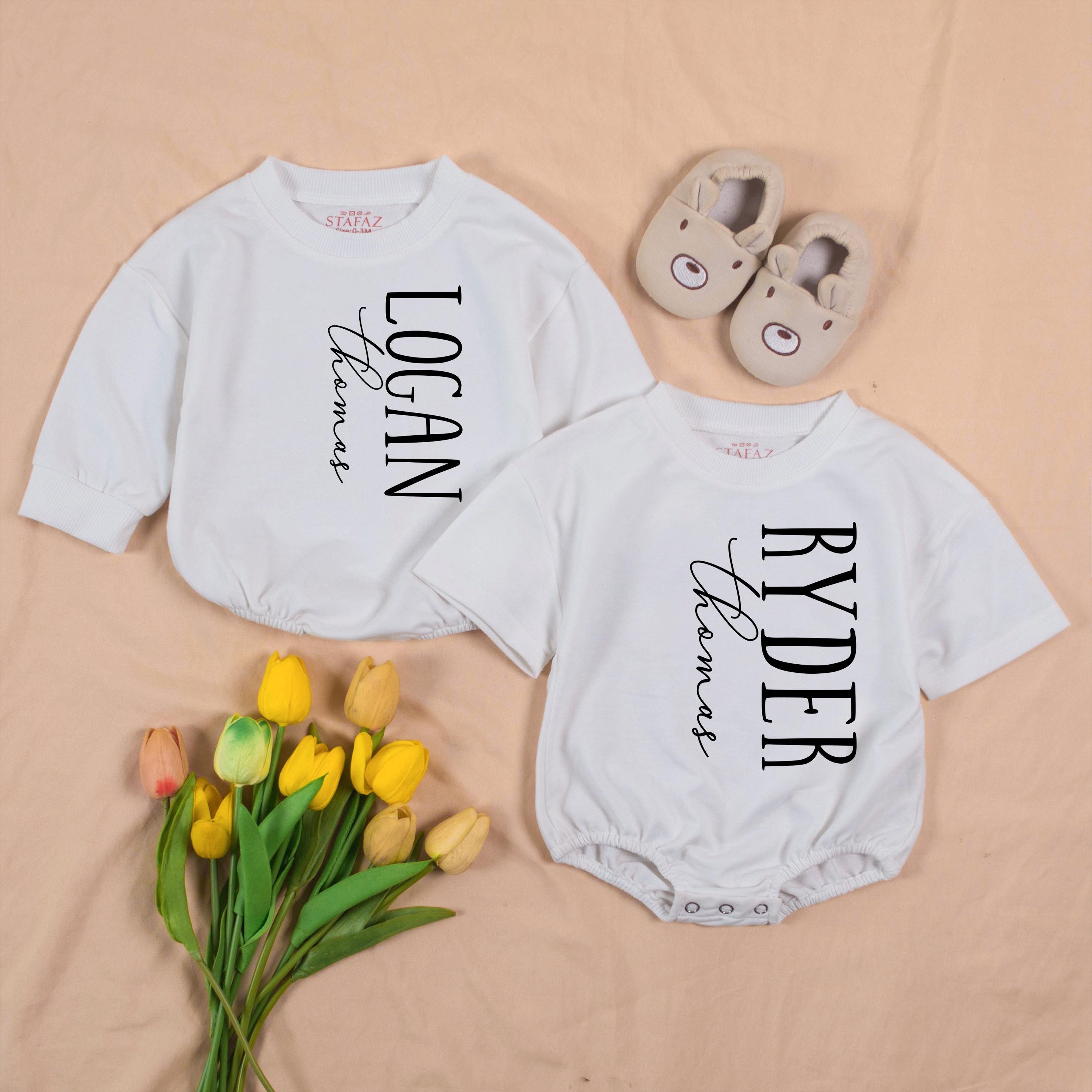 Personalized Twin Baby Romper and Hat Set Custom Name Newborn Coming Home Outfit Soft Ribbed Cotton Gift for Twins Boys or Girls