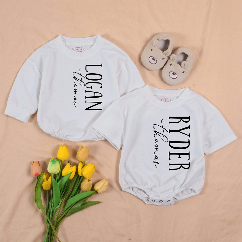 Personalized Twin Baby Romper and Hat Set Custom Name Newborn Coming Home Outfit Soft Ribbed Cotton Gift for Twins Boys or Girls