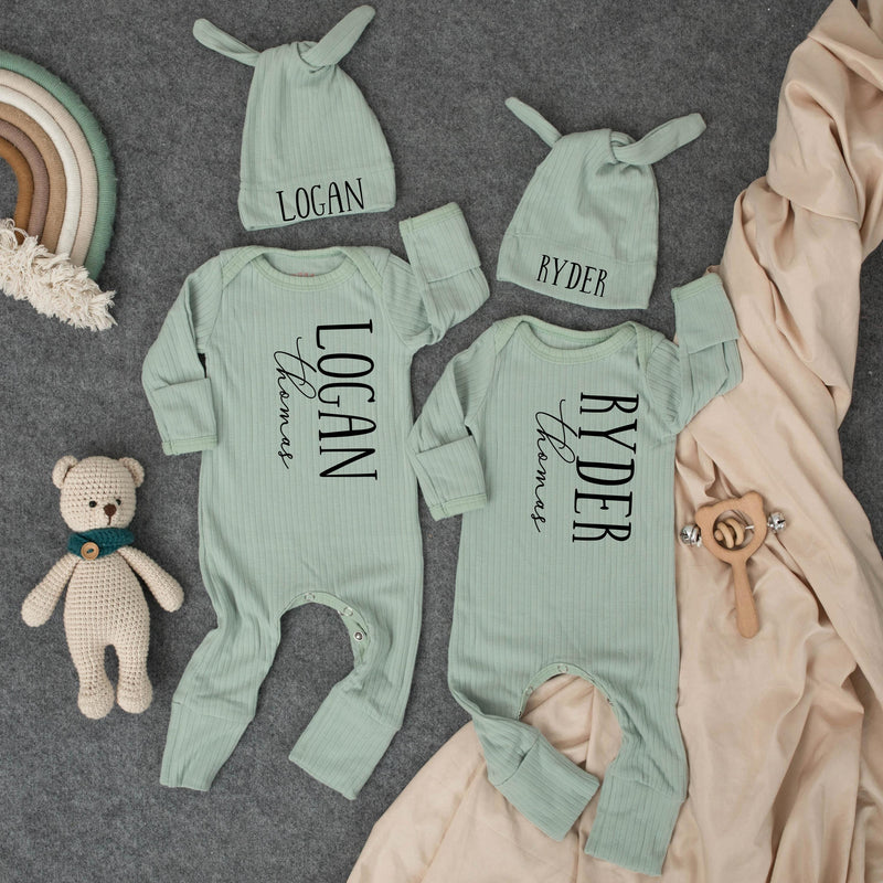 Personalized Twin Baby Romper and Hat Set Custom Name Newborn Coming Home Outfit Soft Ribbed Cotton Gift for Twins Boys or Girls