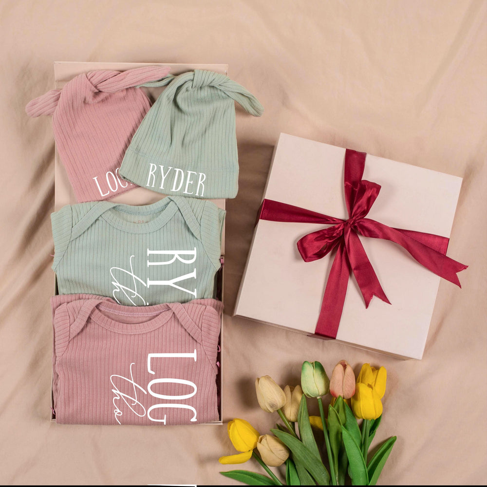 Personalized Twin Baby Romper and Hat Set Custom Name Newborn Coming Home Outfit Soft Ribbed Cotton Gift for Twins Boys or Girls