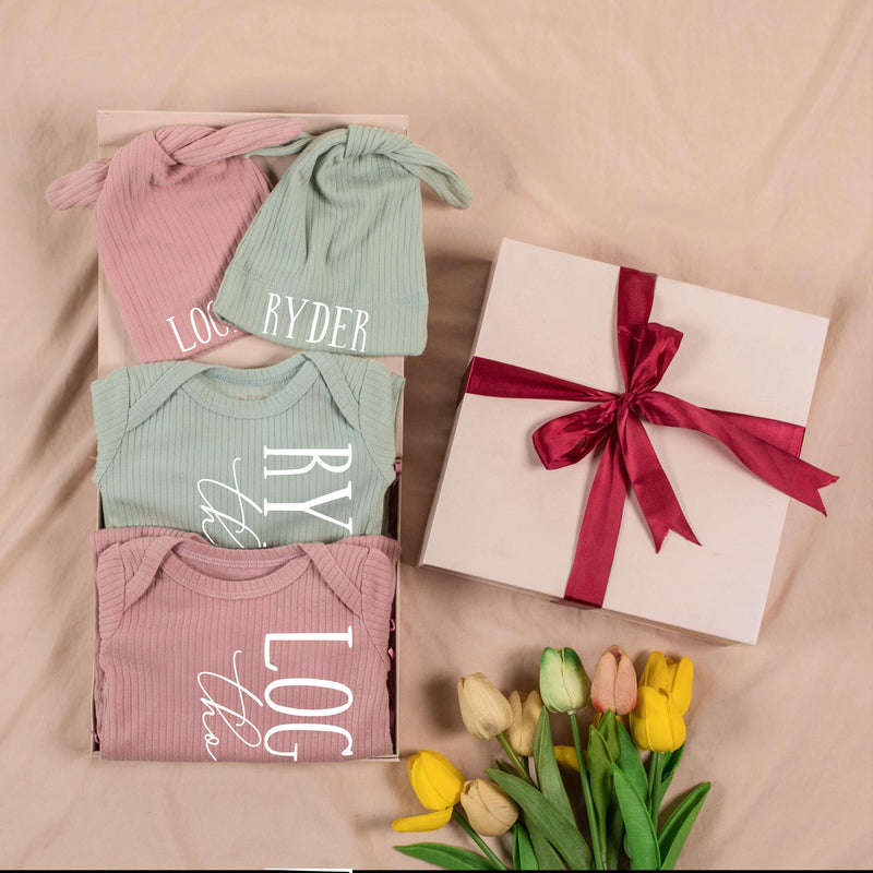 Personalized Twin Baby Romper and Hat Set Custom Name Newborn Coming Home Outfit Soft Ribbed Cotton Gift for Twins Boys or Girls