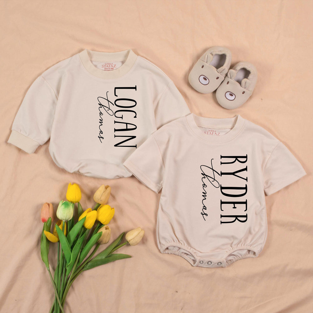 Personalized Twin Baby Romper and Hat Set Custom Name Newborn Coming Home Outfit Soft Ribbed Cotton Gift for Twins Boys or Girls