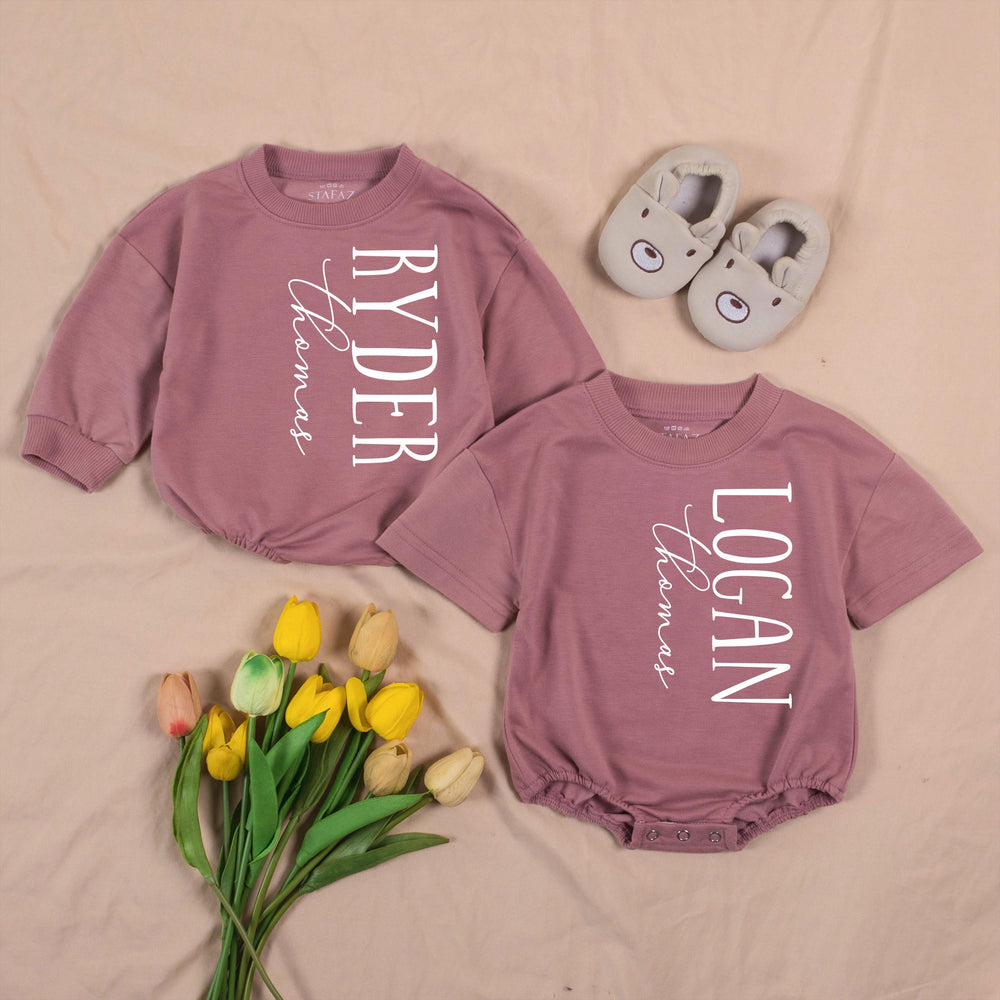 Personalized Twin Baby Romper and Hat Set Custom Name Newborn Coming Home Outfit Soft Ribbed Cotton Gift for Twins Boys or Girls