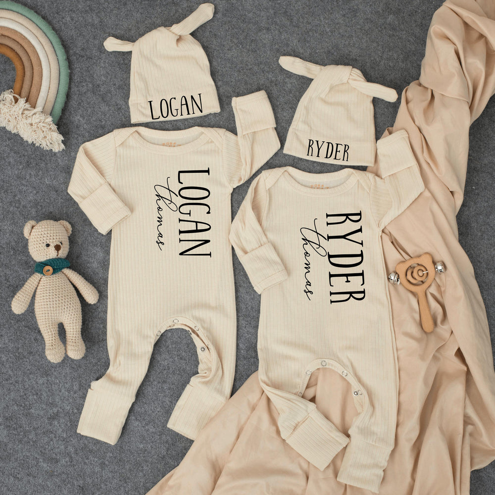 Personalized Twin Baby Romper and Hat Set Custom Name Newborn Coming Home Outfit Soft Ribbed Cotton Gift for Twins Boys or Girls