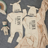 Personalized Twin Baby Romper and Hat Set Custom Name Newborn Coming Home Outfit Soft Ribbed Cotton Gift for Twins Boys or Girls