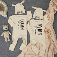 Personalized Twin Baby Romper and Hat Set Custom Name Newborn Coming Home Outfit Soft Ribbed Cotton Gift for Twins Boys or Girls