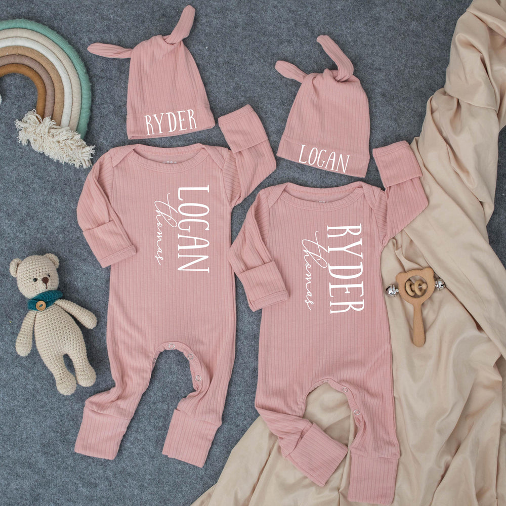 Personalized Twin Baby Romper and Hat Set Custom Name Newborn Coming Home Outfit Soft Ribbed Cotton Gift for Twins Boys or Girls