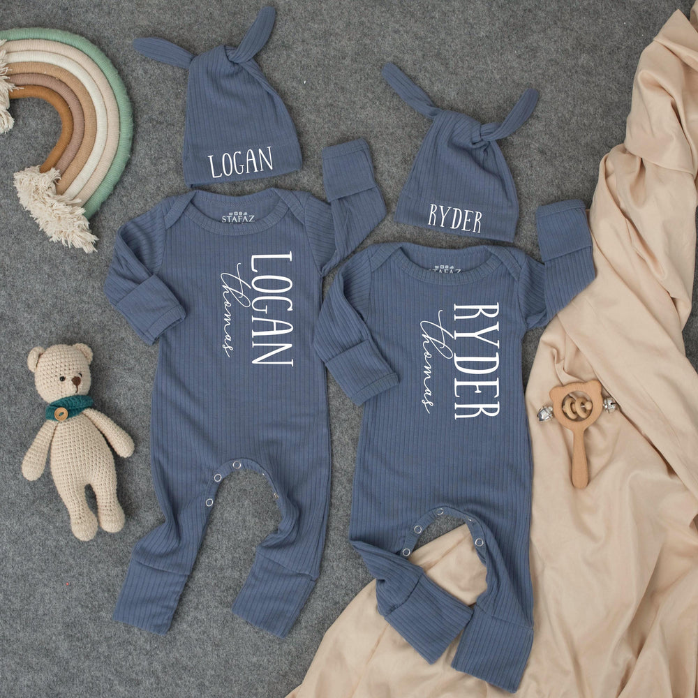 Personalized Twin Baby Romper and Hat Set Custom Name Newborn Coming Home Outfit Soft Ribbed Cotton Gift for Twins Boys or Girls