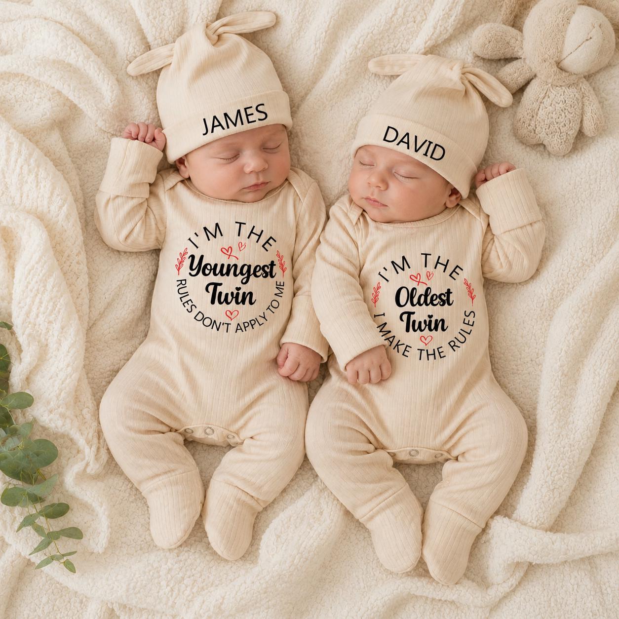 Personalized Twin Baby Rompers with Name Hats - 'Youngest Twin' & 'Oldest Twin' Quotes, Ribbed Cotton Newborn Coming Home Outfit