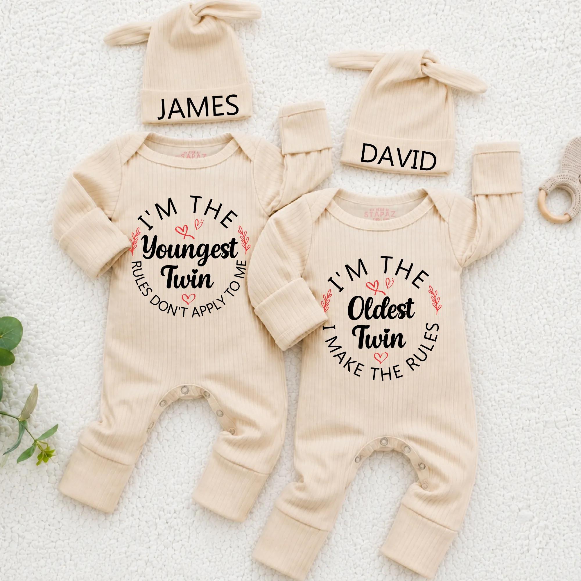 Personalized Twin Baby Rompers with Name Hats - 'Youngest Twin' & 'Oldest Twin' Quotes, Ribbed Cotton Newborn Coming Home Outfit