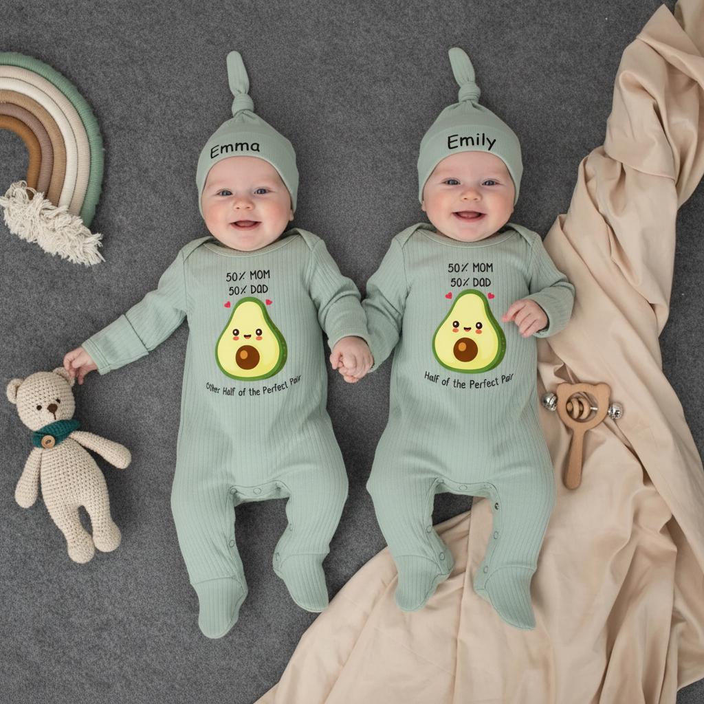 Personalized Twin Bodysuit and Hat Set with Cute Avocado Design, Baby Boy and Girl Outfits, Custom Name Newborn Gift Perfect Pair
