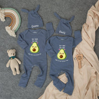 Personalized Twin Bodysuit and Hat Set with Cute Avocado Design, Baby Boy and Girl Outfits, Custom Name Newborn Gift Perfect Pair